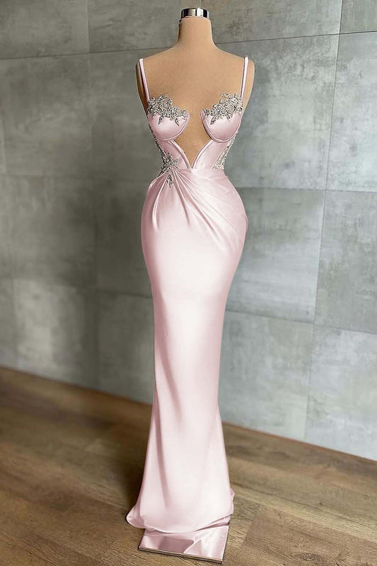 Pink Spaghetti-Strap Mermaid Prom Dress Sleeveless