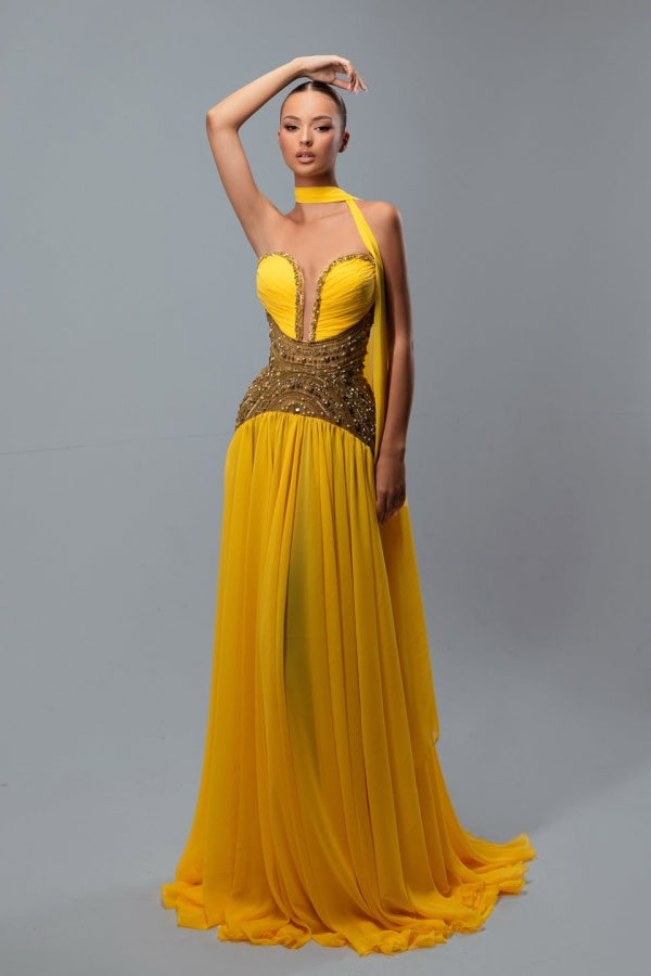Charming Yellow Chiffon Beaded Sleeveless Sweetheart Prom Dress with Scarf