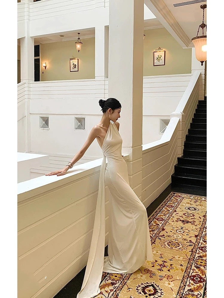 Mermaid One Shoulder Floor-length Sleeveless White Long Prom Dresses SD2003
