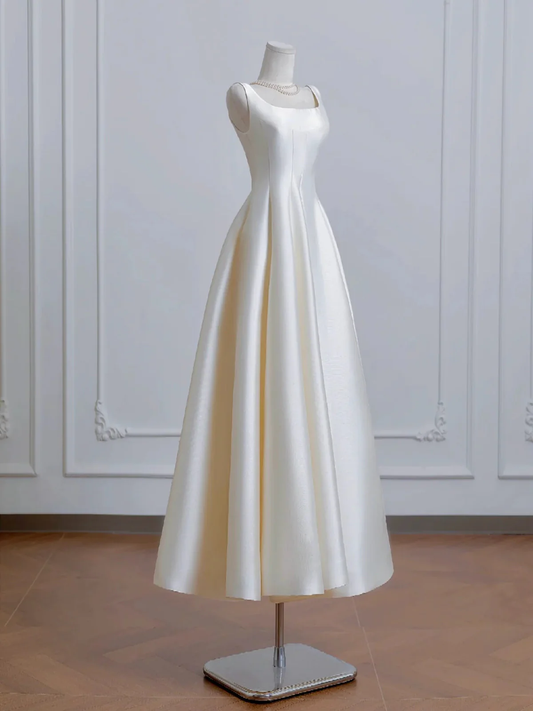 Ivory Satin Tea Length Simple Style Wedding Party Dress, Ivory Satin Prom Dress Formal Dress fg8731