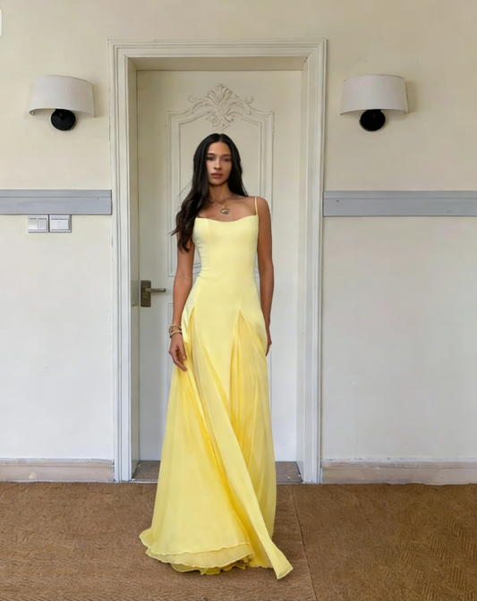 Yellow Simple A Line Spaghetti Straps Satin Chiffon Prom Dress Outfits SH5082
