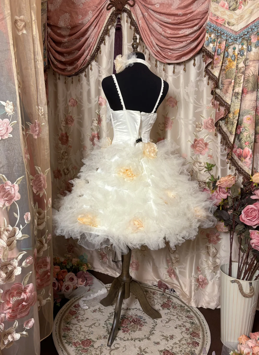 Cute White A Line Spaghetti Strap Floral Lace Tulle Homecoming Dress Cocktail Dress SH3742