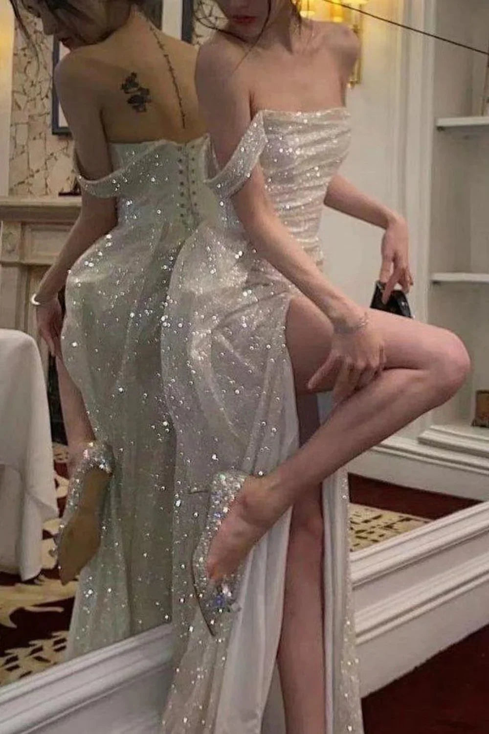 Shiny A Line Off the Shoulder Sequin Long Prom Dress Evening Dress with Slit SH2531