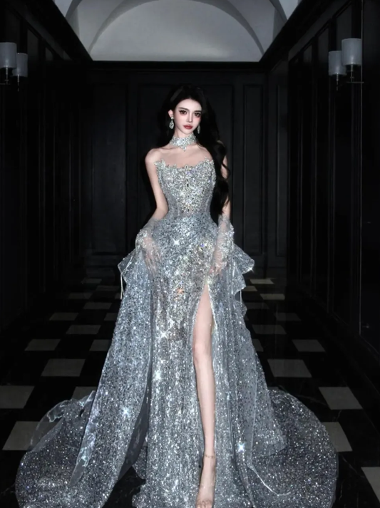 Silver Sequin Shiny Ball Gown Strapless Long Sweep Prom Dress Evening Dress Party Dress SH3617