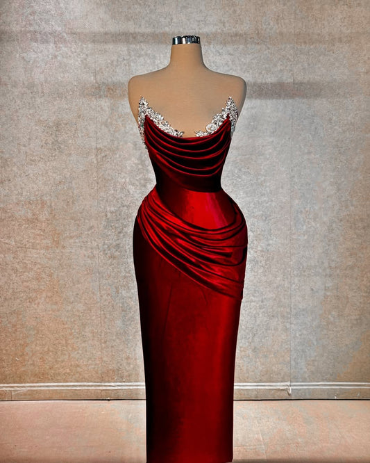 Red Sleeveless Strapless Mermaid Pleated Beads Prom Dress