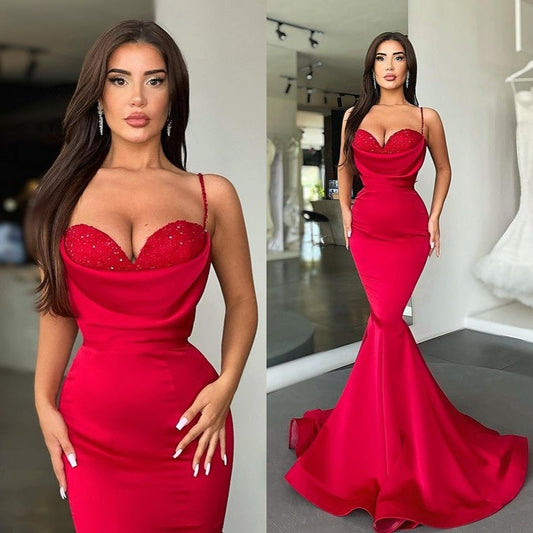 Mermaid Red Spaghetti-Straps Prom Dress Long