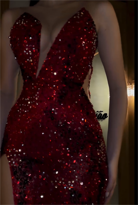 Stunning Red Sequins Strapless Sleeveless Long Split Prom Dress with Beadings