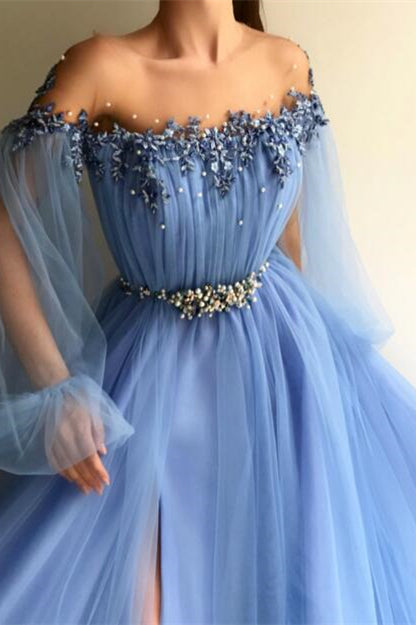 Chic Off-the-Shoulder Long Sleeves Elegant Evening Dresses With Beads