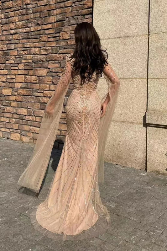 Amazing V-Neck Long Sleeves Tulle Mermaid Prom Dress With Beadings