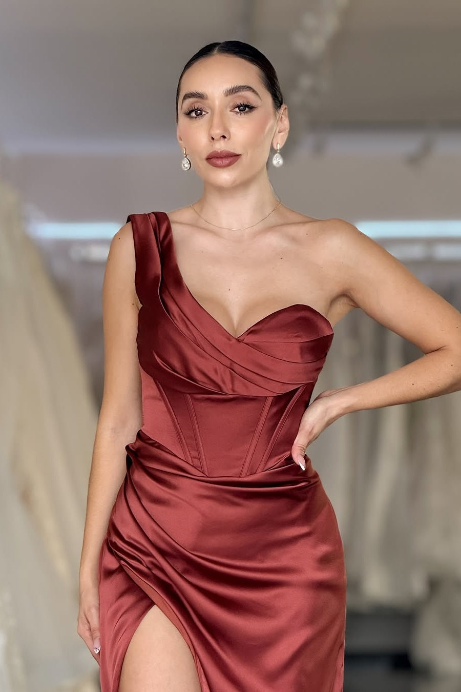 Sleeveless Strapless V-Neck Mermaid Pleated Prom Dress With Split