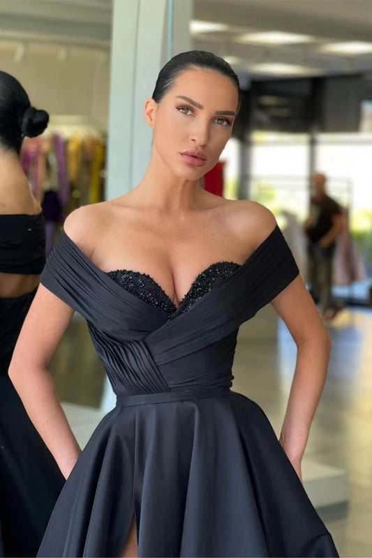 Black Long Off The Shoulder Beads Prom Dress A Line Slit