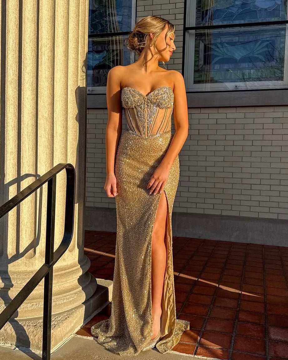Sleeveless Strapless Beaadeds Mermaid Long Prom Dress