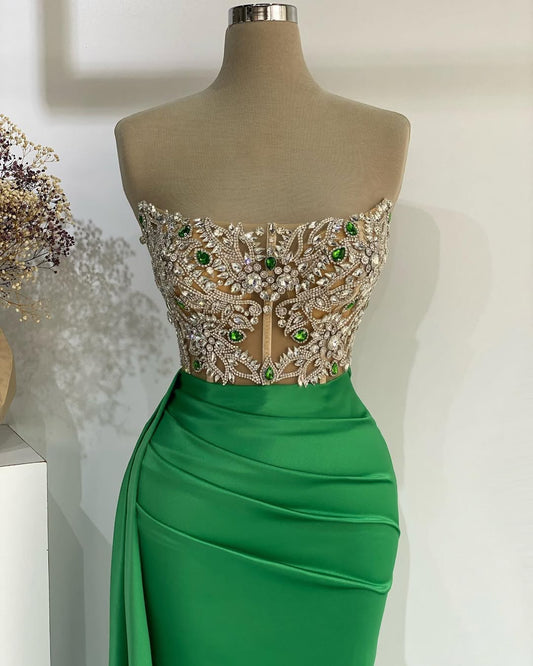 Green Sleeveless Strapless Square Mermaid Beads Prom Dress