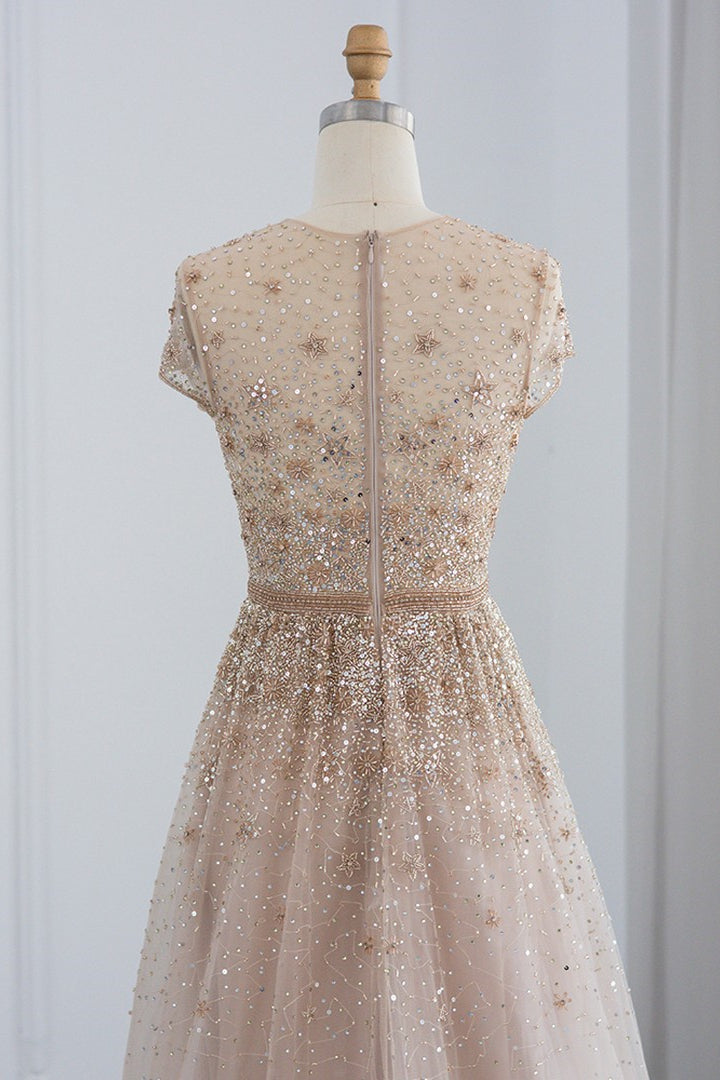 Glamorous Jewel Neck A Line Evening Dress Tulle With Appliques Sequins
