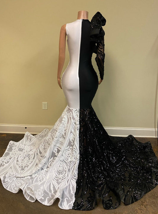 Black and White Lace Long Sleeves Mermaid Prom Dress Sequins