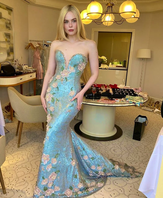 Blue Mermaid Sweetheart Neck Floral Sequin Prom Dress Party Dress SH4296