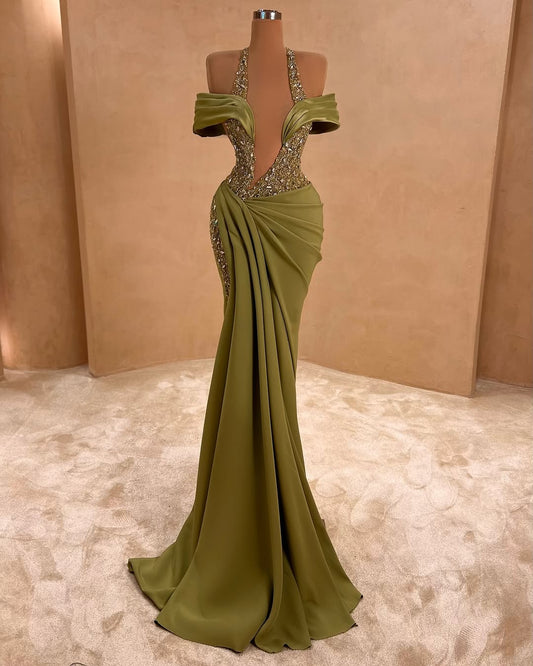 Green Off-Shoulders Sleeveless Halter Beads Mermaid Prom Dress