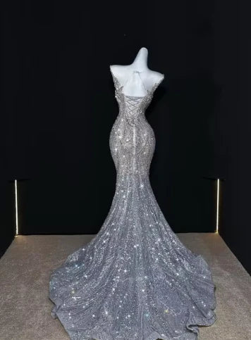 Silver gorgeous shiny fashion long sequin mermaid floor length fishtail dress prom dress, evening dress, party dress fg8548