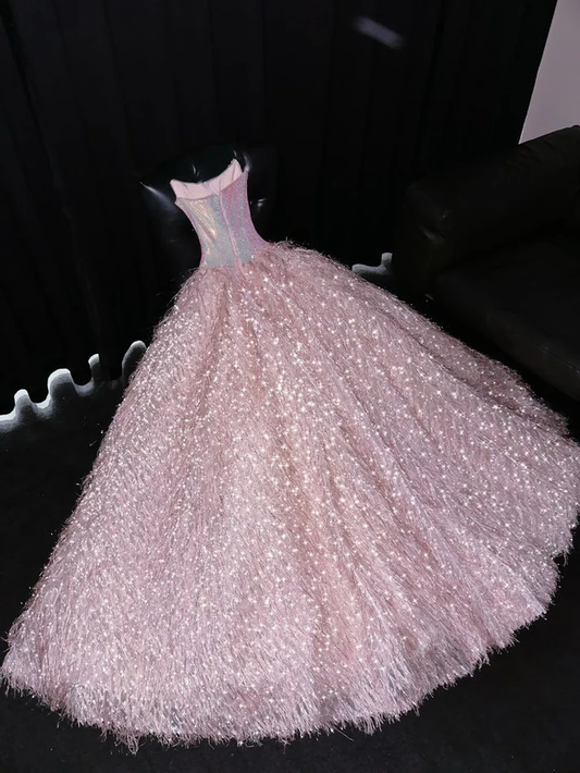 Exquisite Pink Beaded Feather Ball Gown Tulle Prom Dress Party Dress fg8558