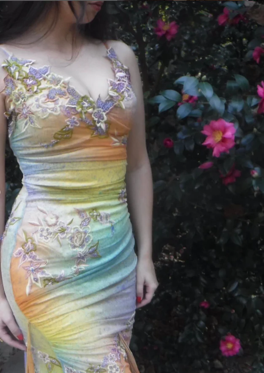 Pretty Vintage Mermaid V Neck Appliques Chiffon Prom Dresses Evening Dresses fg8552