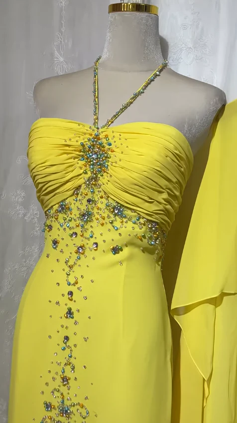Stunning Yellow Halter Neck Sheath Chiffon Beaded Hi-Lo Prom Dresses Elegant Wedding Guest Dresses fg8547