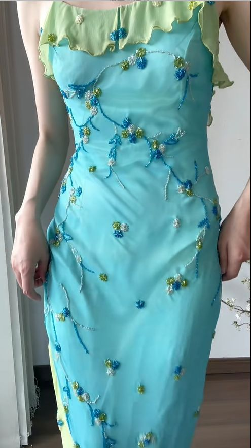Vintage Spaghetti Straps Chiffon Beaded Blue Mermaid Party Dress Long Evening Gown D949