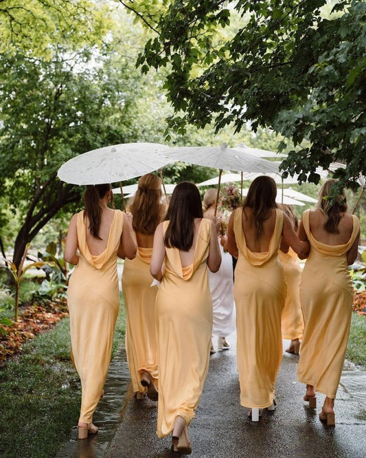 Cute Sheath Halter Yellow Satin Open Back Evening Dress Bridesmaid Dress SH2695
