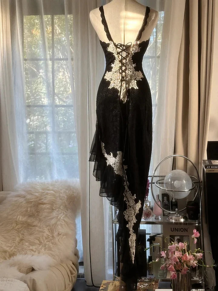 Sexy Sheath Spaghetti Strap Ruffle Appliques Lace Chiffon Party Dress Evening Dress SH2881