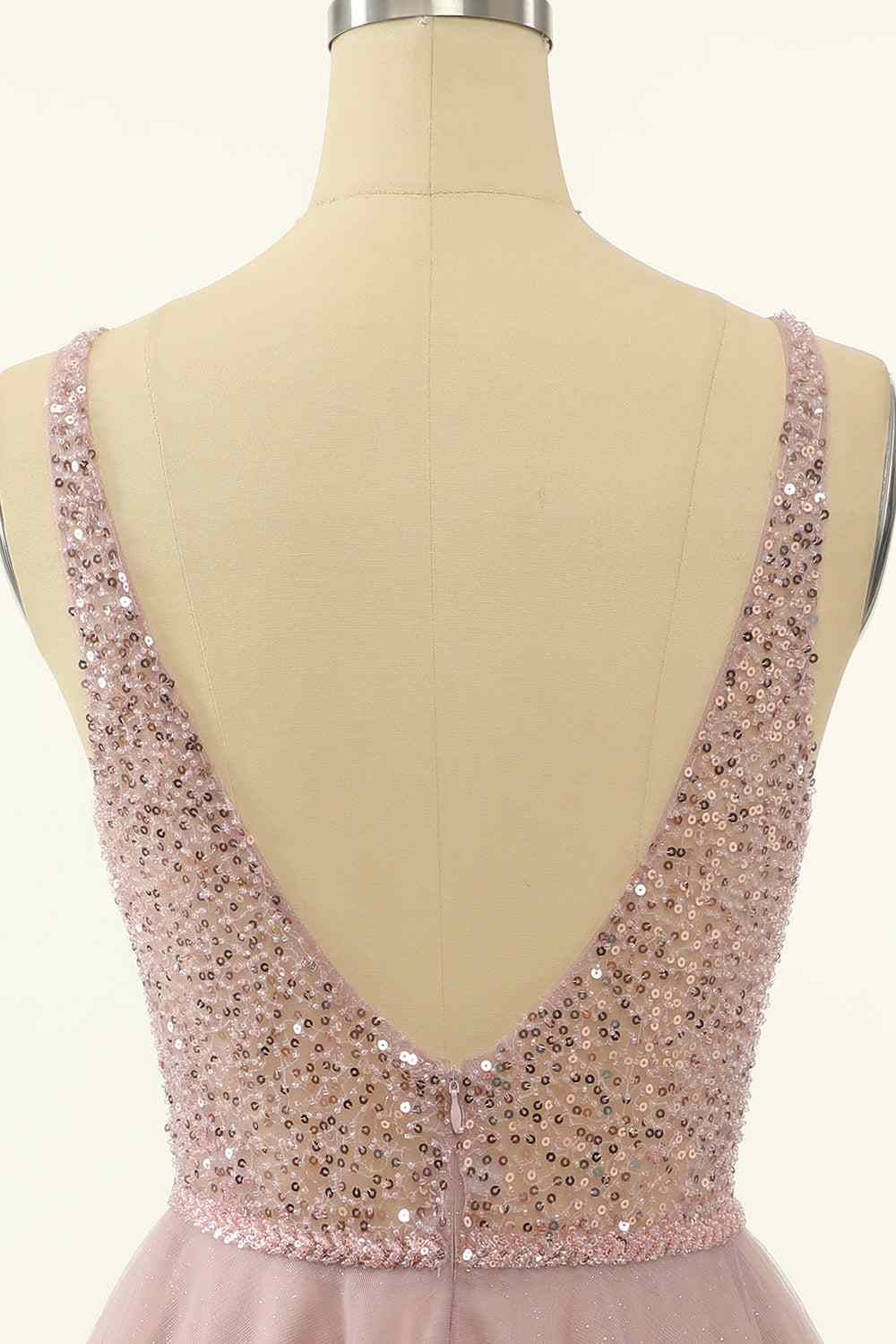 Dusty Pink A-line V Neck Sequins Tulle Mini Homecoming Dress