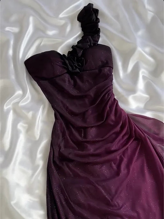 Grape Purple Ombre A Line One Shoulder Chiffon Long Party Dress Evening Dress SH2842