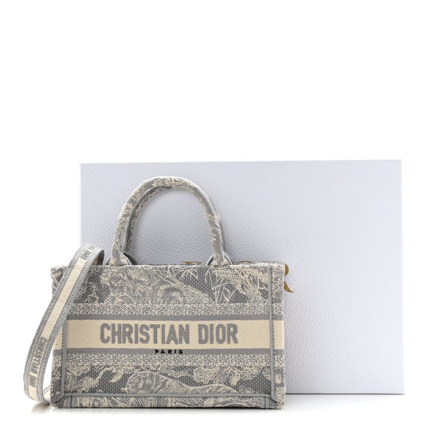 Canvas Embroidered Toile De Jouy Reverse Mini Book Tote With Strap Grey