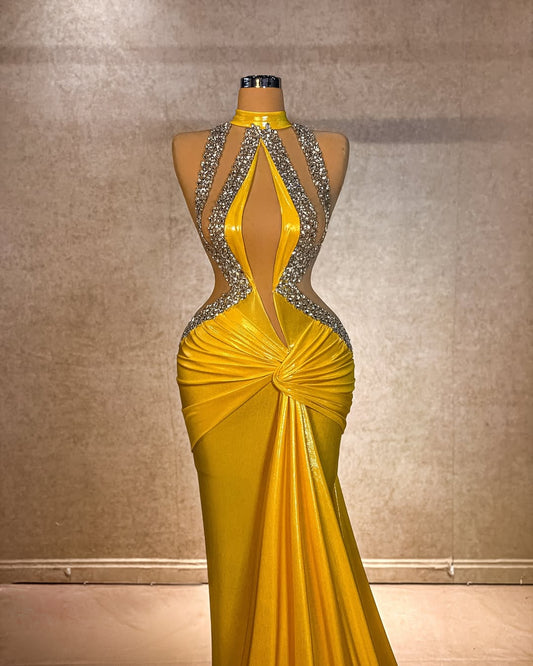Sexy Gold Sleeveless Halter Straps Beads Long Prom Dress