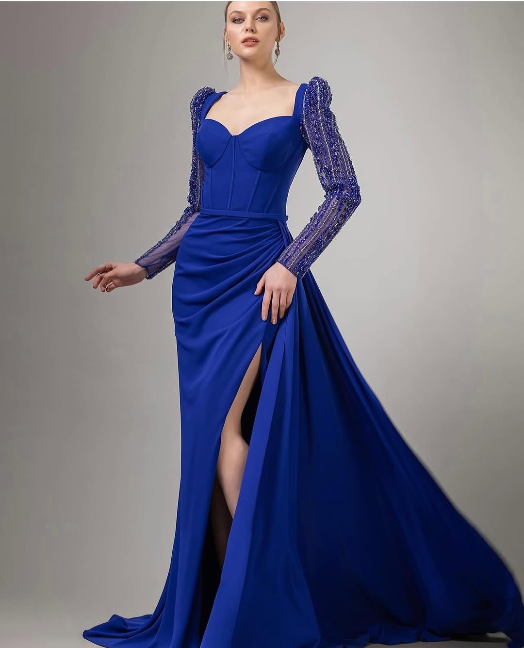 Royal Blue Long Sleeves Sweetheart Mermaid Beads Prom Dress