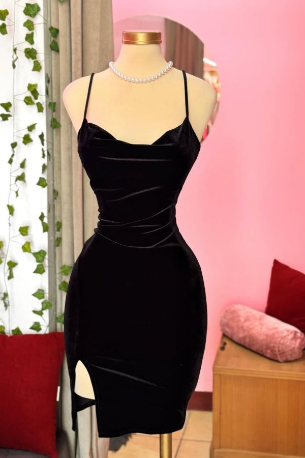 Black Spaghetti-Straps Short Homecoming Dress Sleeveless with Split