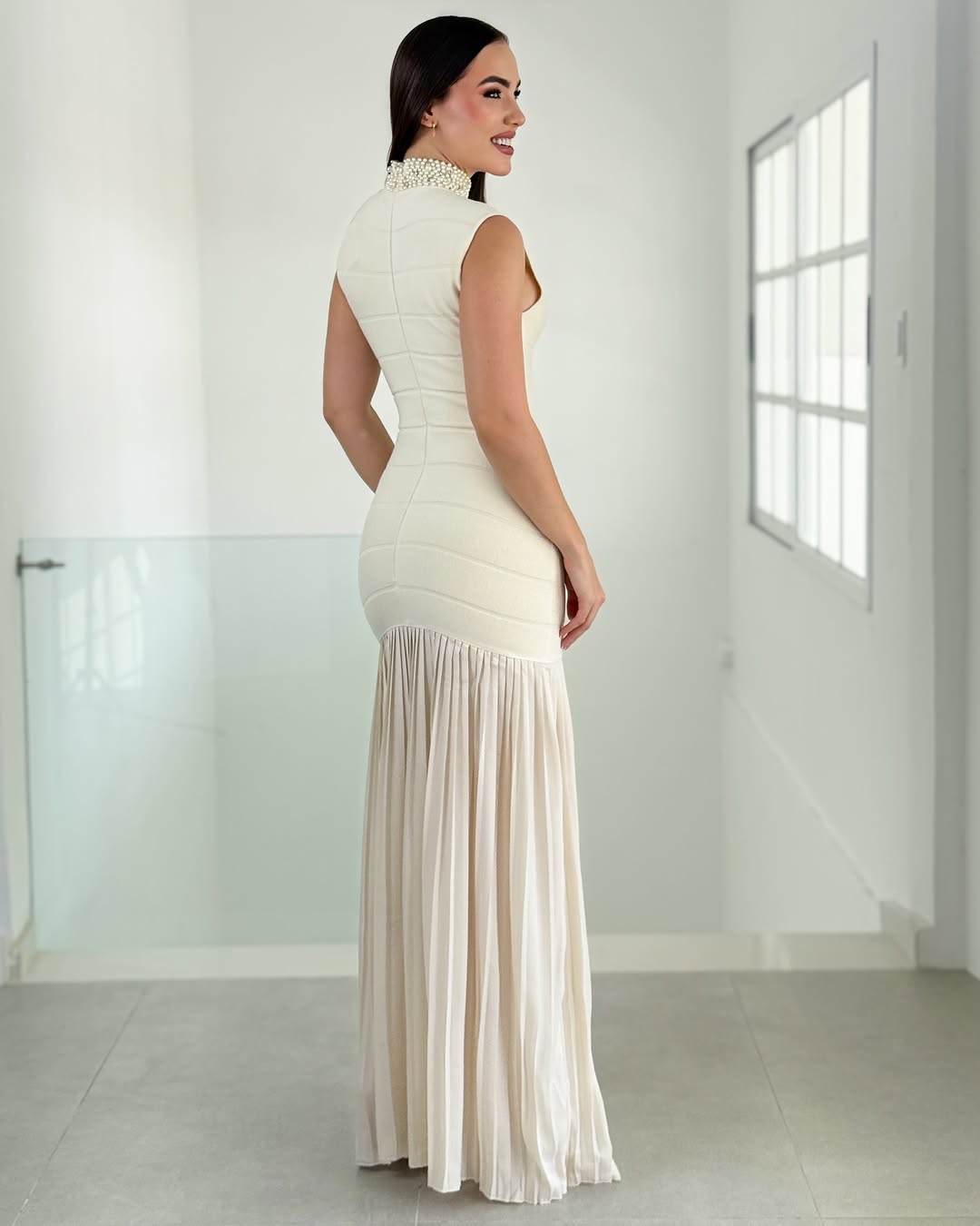 Charming Ivory Beaded High Neck Pleated Sleeveless Slim Prom Dress