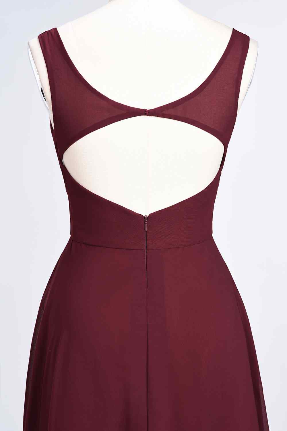 Burgundy A-line V Neck Cut-Out Back Chiffon Long Bridesmaid Dress