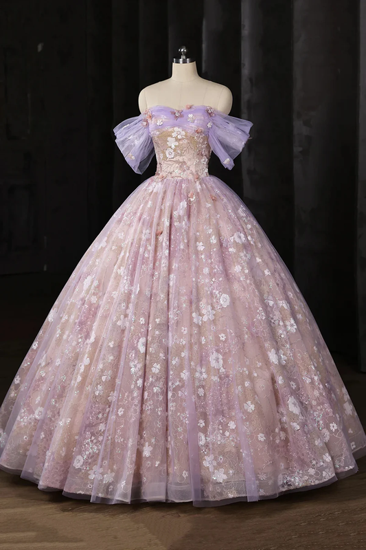 Light Purple Floral Tulle Prom Dress with Lace, A-line Off Shoulder Evening Dress Formal Dress fg8733
