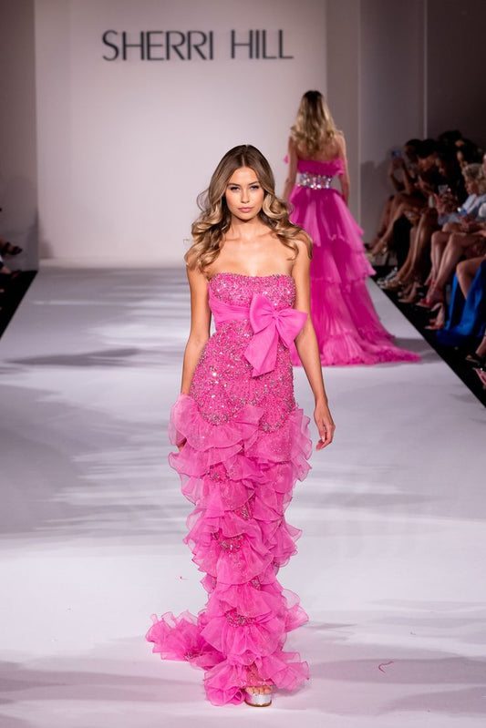 Barbie Pink Bow Stunning Sheath Ruffle Organza Sequin Long Prom Dress Evening Dress SH3457