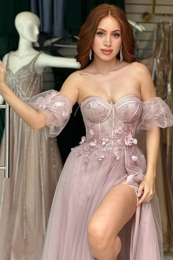 Pink Strapless Sleeveless Embroidery A-Line Prom Dress
