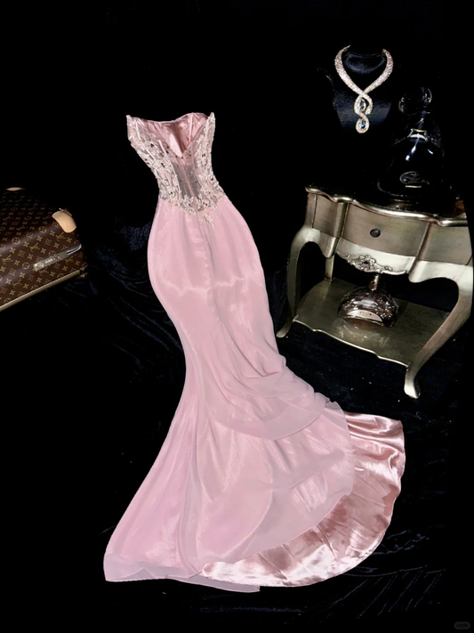 Pink Mermaid Sweetheart Neck Appliques Chiffon Satin Long Prom Dress Party Dress SH3069