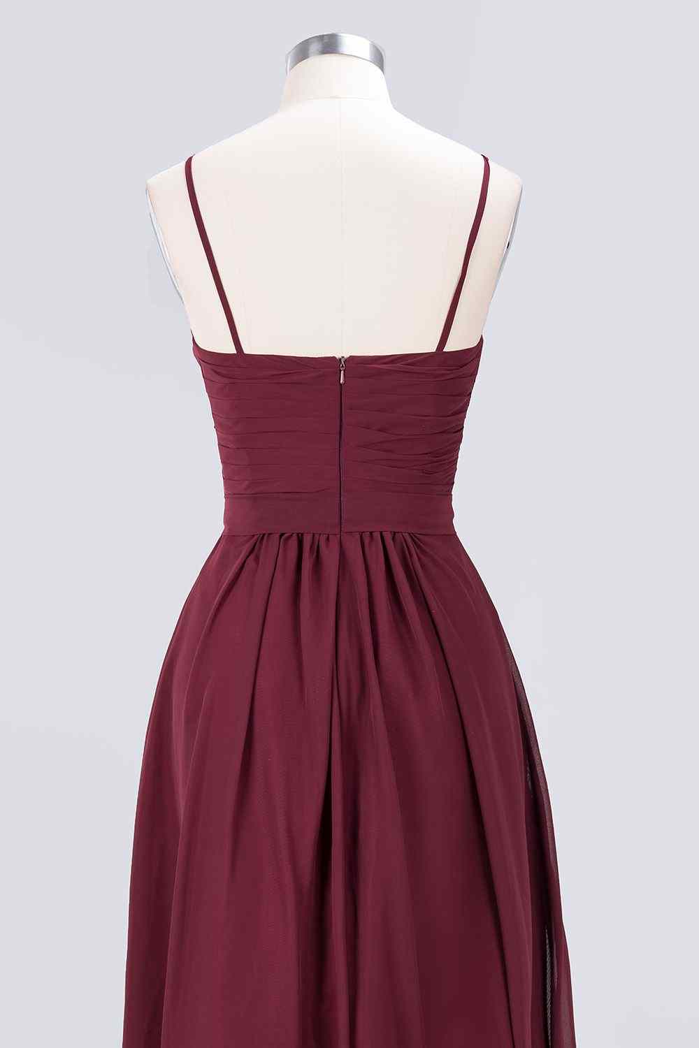 Burgundy A-line Spaghetti Straps Pleated Chiffon Long Bridesmaid Dress