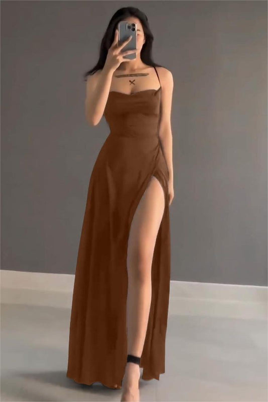 Simple Black Satin Spaghetti Strap Sleeveless Long Prom Dress with Split