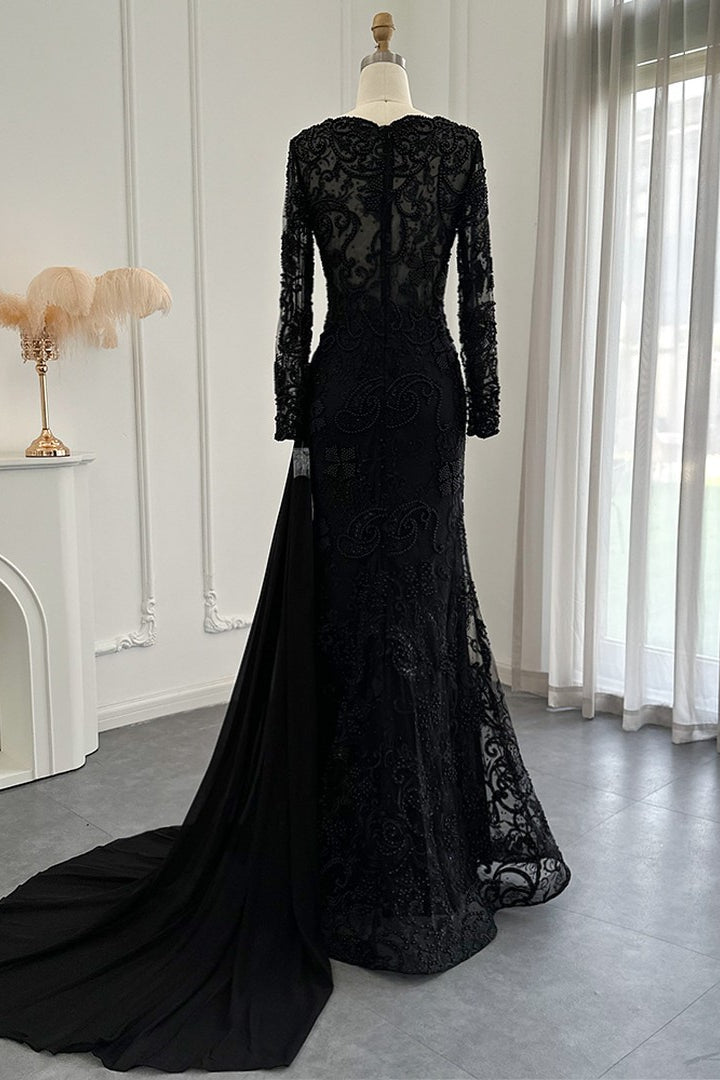 Black V Neck Mermaid Prom Dress Long Sleeves With Appliques Ruffles