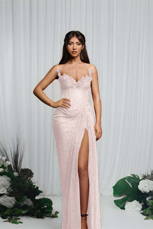 Red Sleeveless Strapless V-Neck Prom Dress With Sequins