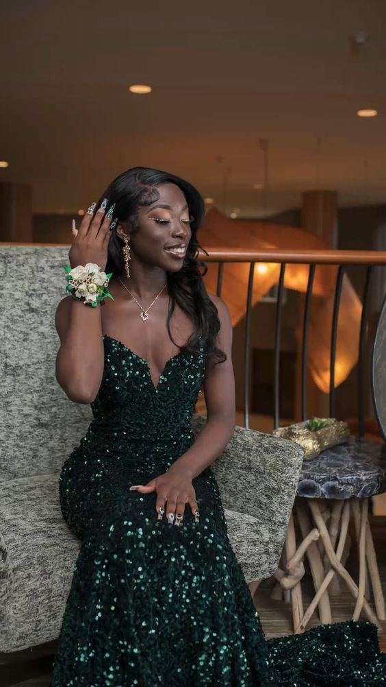 Dark Green Sequins Long Evening Dress Mermaid Prom Dress SH979