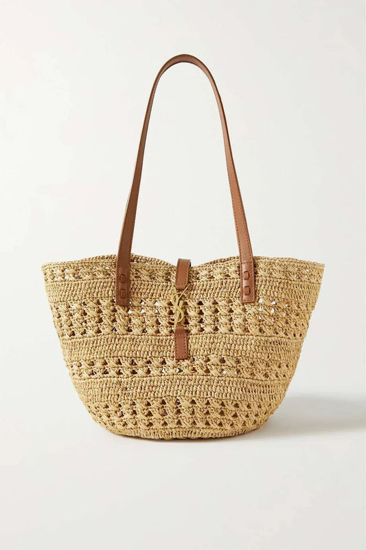 SAINT LAURENT Panier small leather-trimmed raffia tote