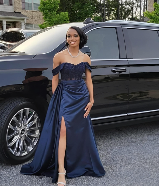 Off The Shoulder Navy Blue Satin Prom Dress SH927