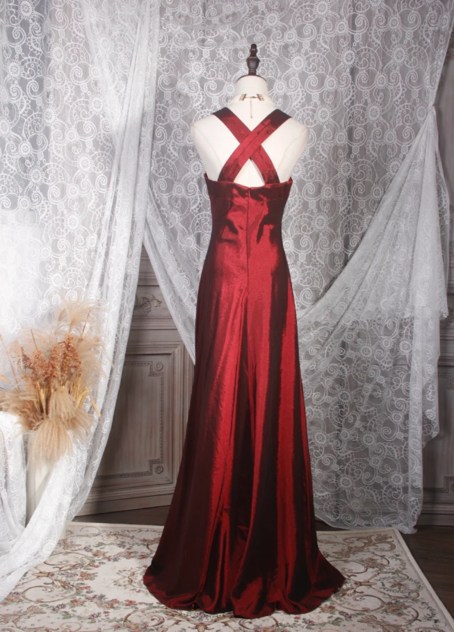 Vintage Burgundy V Neck Satin Mermaid Long Prom Dress Party Gown D2247