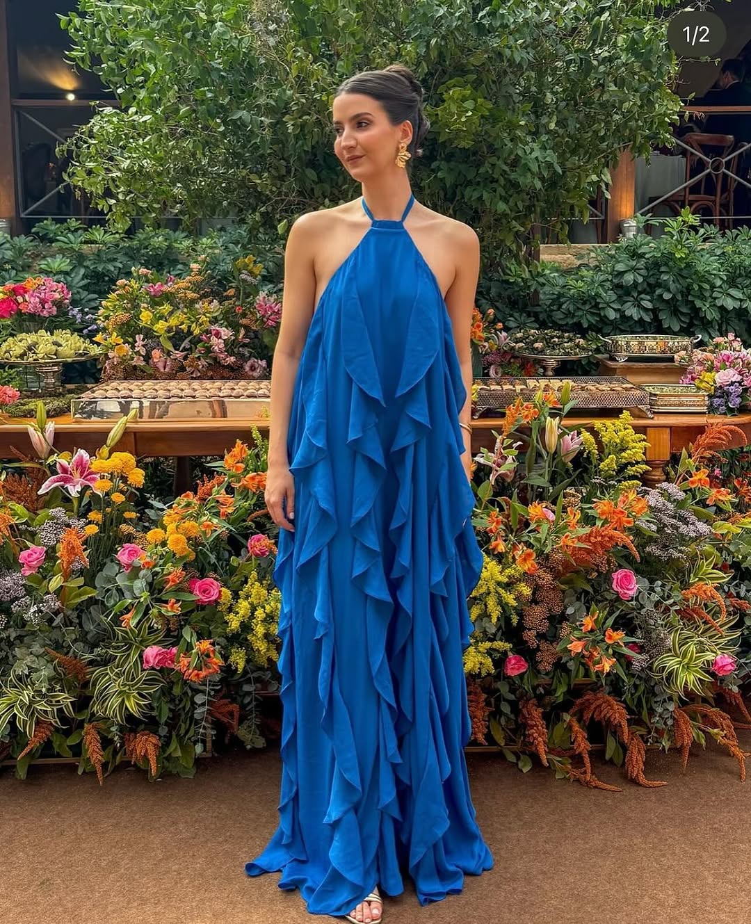 Hierarchical Blue Sleeveless Halter Straps Prom Dress