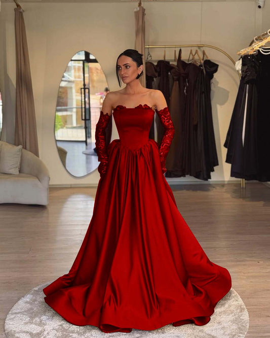 Elegant Sleeveless Strapless A Line Prom Dress With Lace Gloves